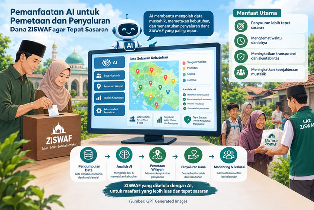 Ilustrasi pemanfaatan AI untuk pemetaan dan penyaluran dana ZISWAF agar tepat sasaran (Sumber: ChatGPT)