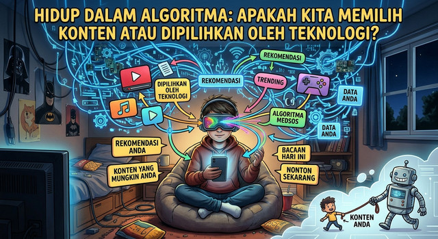 Ilustrasi algoritma media sosial yang merekomendasikan konten berdasarkan kebiasaan dan minat pengguna. - Illustrasi dibuat oleh AI