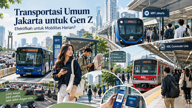 Ilustrasi AI : transportasi umum Jakarta sebagai pilihan mobilitas harian Gen Z untuk mendukung aktivitas kuliah, bekerja, dan bepergian dengan lebih praktis.