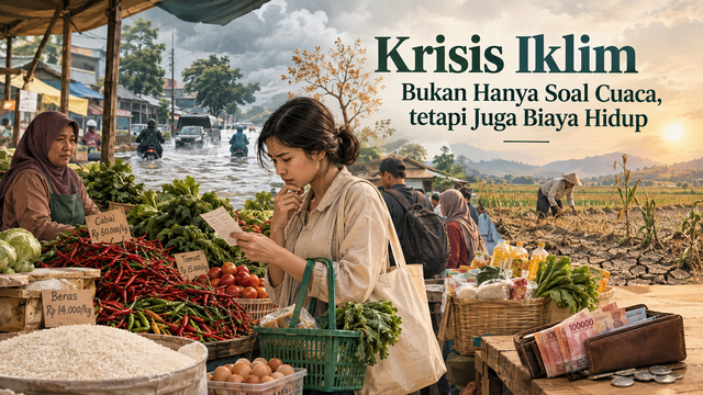 Ilustrasi AI : dampak krisis iklim terhadap kehidupan sehari-hari masyarakat, mulai dari gangguan lingkungan hingga kenaikan biaya kebutuhan pokok rumah tangga.