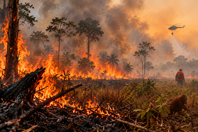 Ilustrasi kebakaran hutan dan lahan (karhutla) yang melalap vegetasi, asap tebal yang mencemari udara, petugas yang berupaya memadamkan api, serta satwa liar yang kehilangan habitatnya. Foto : Dibuat Menggunakan ChatGPT AI