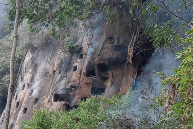 Kuburan batu di Kabupaten Toraja Utara, Sulawesi Selatan (Sulsel), terbakar imbas karhutla pada Senin (26/10/2026). Foto: Dok. Istimewa