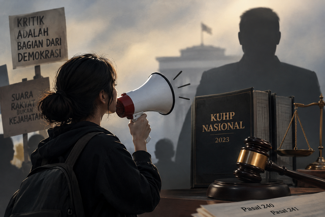 Ilustrasi AI tentang kebebasan berpendapat dan batas kritik dalam hukum pidana Indonesia.