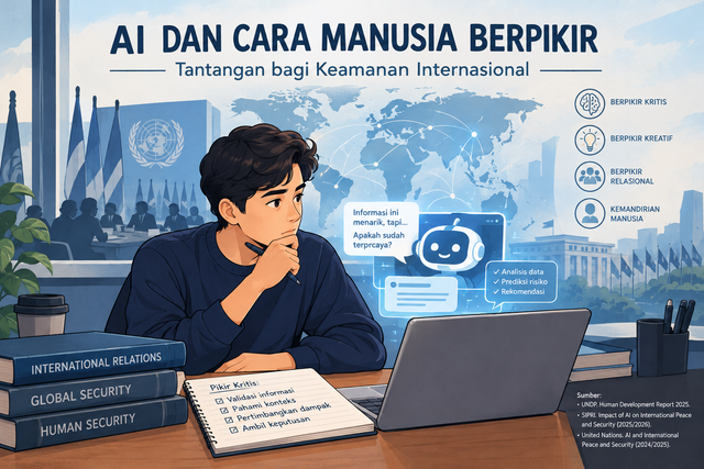 Ilustrasi perubahan cara berpikir manusia setalah kemunculan AI dan tantangan bagi keamanan internasional. Foto: AI Generated