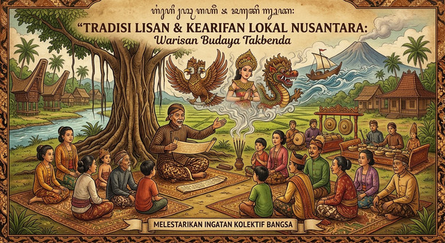 Terlihat seorang tetua sedang menceritakan kisah dan pengetahuan kepada anak-anak serta masyarakat yang duduk mengelilinginya. Kegiatan ini menunjukkan bagaimana tradisi lisan diwariskan secara turun-temurun dari generasi ke generasi.