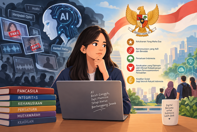 Ilustrasi dibuat menggunakan AI untuk menggambarkan pentingnya menerapkan nilai-nilai Pancasila dalam penggunaan teknologi kecerdasan buatan di era digital.