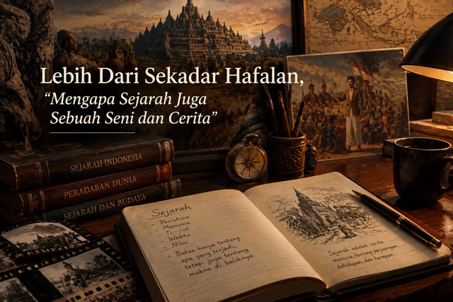 Terlihat buku-buku sejarah, peta kuno, foto dokumentasi, sketsa bangunan bersejarah, serta sebuah buku catatan yang berisi pemikiran tentang sejarah.