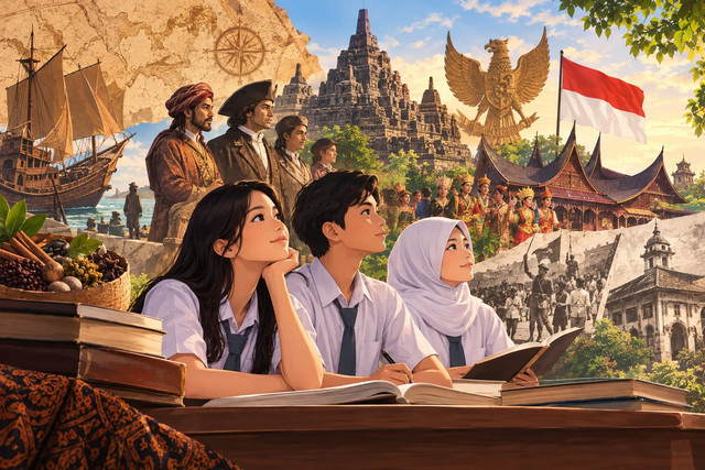 Deskripsi Gambar: Ilustrasi ini menggambarkan generasi muda yang sedang mempelajari sejarah Indonesia melalui berbagai peninggalan budaya, bangunan bersejarah, dan simbol perjuangan bangsa. Gambar ini menunjukkan bahwa memahami masa lalu merupakan langkah penting untuk mengenal jati diri, menghargai keberagaman budaya, serta menjaga identitas bangsa di tengah perkembangan zaman.Sumber Gambar: Ilustrasi dibuat menggunakan AI (OpenAI, ChatGPT, 2026).