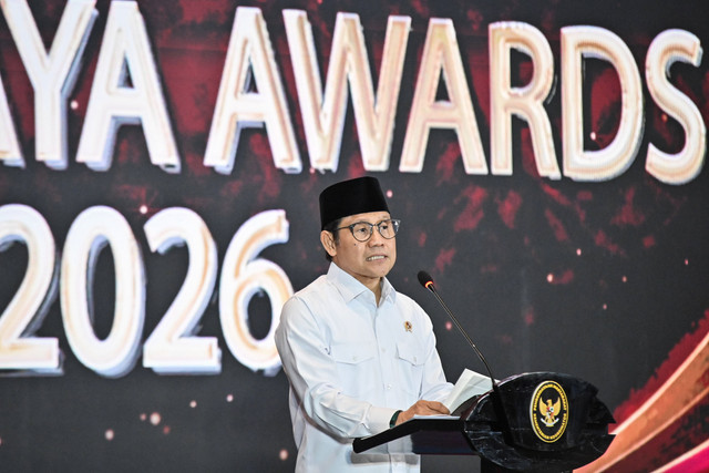 Menko Bidang Pemberdayaan Masyarakat Muhaimin Iskandar menyampaikan pesan kunci saat Penganugerahan Mandaya Awards 2026 dan Innovilleague 2026 di Jakarta, Selasa (27/10/2026). Foto: Sulthony Hasanuddin/ANTARA FOTO