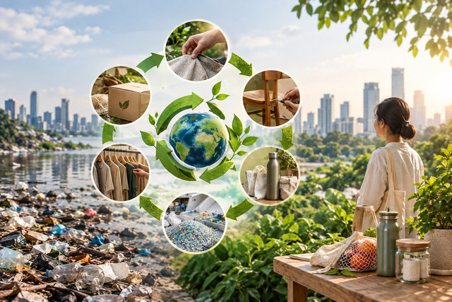 Ilustrasi ekonomi sirkular yang menggambarkan kontras antara pencemaran lingkungan akibat sampah plastik dan upaya mewujudkan lingkungan yang lebih berkelanjutan melalui penggunaan kembali barang, perbaikan produk, pengurangan limbah, serta pemanfaatan material secara berulang. Sumber: ilustrasi ChatGPT (OpenAI), 2026.