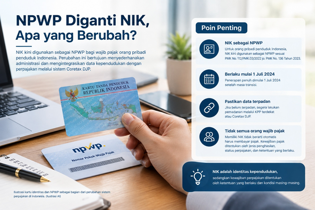 Ilustrasi perubahan penggunaan NIK sebagai NPWP bagi wajib pajak orang pribadi, termasuk pemadanan data dan penyesuaian administrasi perpajakan melalui Coretax DJP. (Ilustrasi AI)