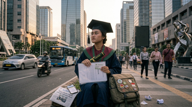 Ilustrasi : Pengangguran sarjana / foto dibuat dengan AI ( Artificial Intelligence ) via Bing Image Creator 