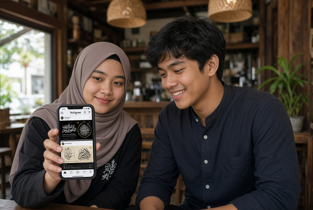 Anak muda Muslim Thailand Selatan sedang duduk di kafe sambil menunjukkan layar HP yang penuh tulisan Jawi. Dibuat menggunakan AI (Grok), 2026.