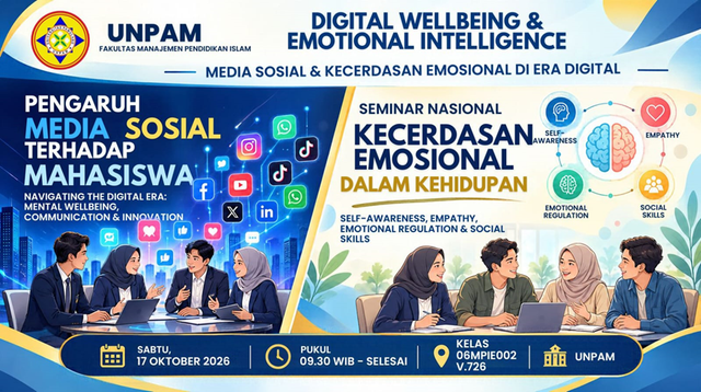 Poster Seminar Digital Wellbeing & Emotional Intelligence yang diselenggarakan mahasiswa kelas 06MPIE002 Program Studi Manajemen Pendidikan Islam Universitas Pamulang