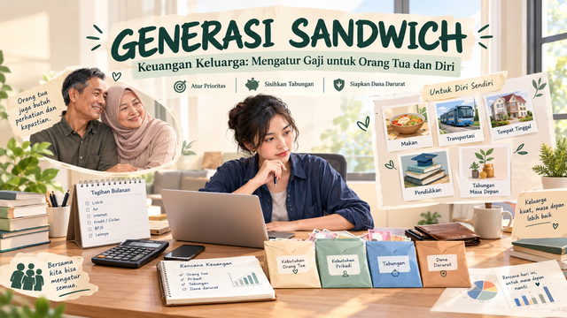 Ilustrasi AI : generasi sandwich yang berusaha membagi penghasilan untuk kebutuhan orang tua, diri sendiri, tabungan, dan dana darurat melalui perencanaan keuangan yang bijak.