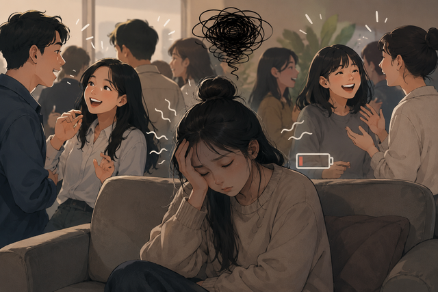 ilustrasi perempuan yang kelelahan setelah berinteraksi dengan banyak orang. sumber gambar: AI ChatGPT (OpenAI), 2026.