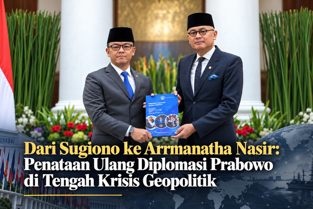 Serah terima jabatan (sertijab) Menteri Luar Negeri dari Sugiono kepada Arrmanatha Nasir (Tata) telah resmi dilaksanakan pada Senin, 12 Oktober 2026 di kantor Kementerian Luar Negeri RI, Jakarta Pusat. Sumber gambar: gambar buatan AI.