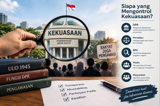 Ilustrasi pentingnya pengawasan terhadap kekuasaan pemerintah untuk menjaga transparansi, akuntabilitas, dan demokrasi yang sehat. (Ilustrasi by chatgpt) 