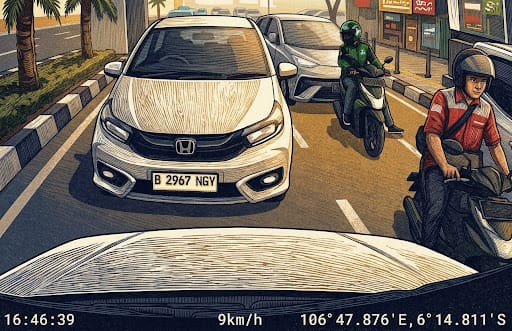 Ilustrasi detik-detik menjelang kecelakaan beruntun yang melibatkan mobil listrik BYD di Jalan Panglima Polim, Blok M, Jakarta Selatan (23/10/2026). (Sumber Dokumentasi Pribadi: Savanna Lizzya)