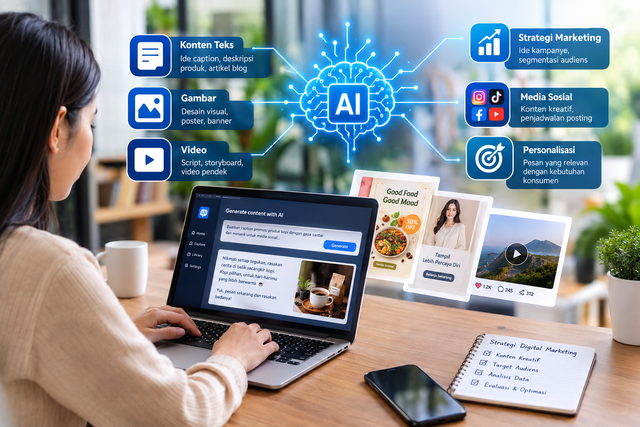 Ilustrasi pemanfaatan Generative AI dalam strategi digital marketing untuk membuat konten kreatif, mengelola media sosial, dan meningkatkan efektivitas pemasaran digital. Dok. Buatan AI.