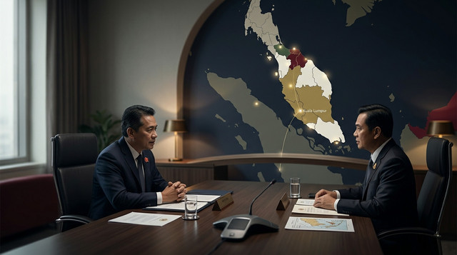 Visualisasi dialog diplomatik tingkat tinggi di Kuala Lumpur, menggarisbawahi dinamika mediasi kawasan dalam mewujudkan stabilitas di Thailand Selatan. Kredit Gambar: Ilustrasi AI