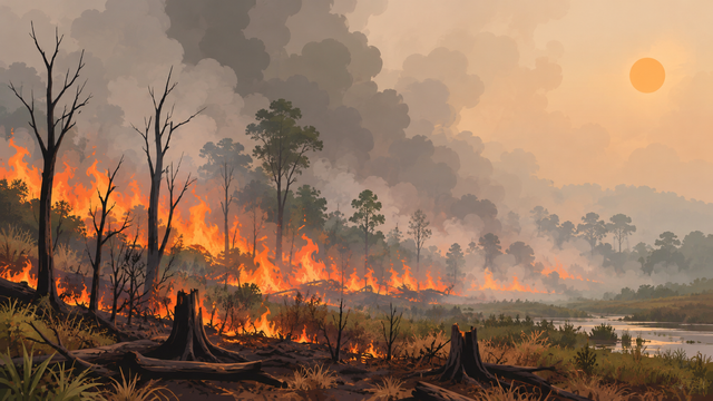 Ilustrasi kebakaran hutan dan lahan. (foto: AI-Generated)