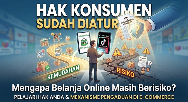 Ilustrasi artikel tentang perlindungan konsumen dalam belanja online, memperlihatkan perbandingan jalur kemudahan transaksi digital dan risiko kendala sengketa e-commerce.