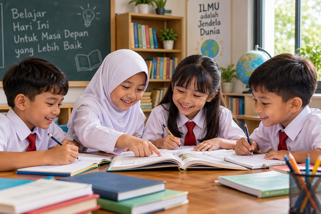 Ilustrasi anak sedang belajar bersama , gambar dari gpt ai