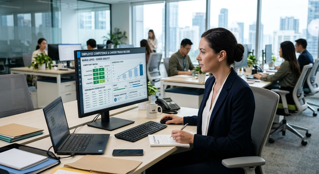 Seorang profesional HR sedang menganalisis dasbor matriks kompetensi dan rekam jejak karier karyawan pada layar komputer di kantor modern. Kredit Foto: Ilustrasi AI / Analisis Perencanaan SDM