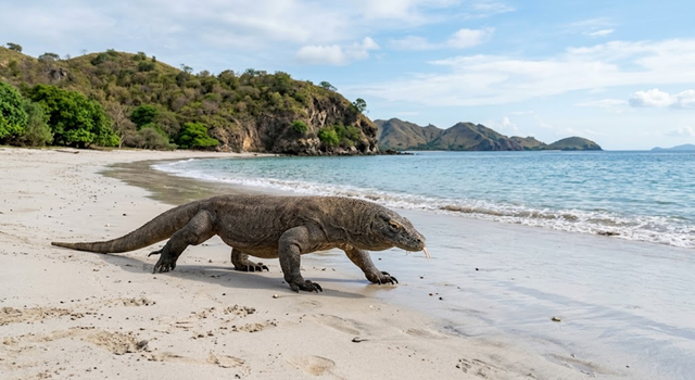 Ilustrasi AI: Seekor Komodo melangkah di pantai berpasir dengan latar perbukitan dan laut.