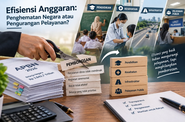 Ilustrasi efisiensi anggaran negara untuk mengurangi pemborosan tanpa mengorbankan kualitas pendidikan, kesehatan, infrastruktur, dan pelayanan publik.