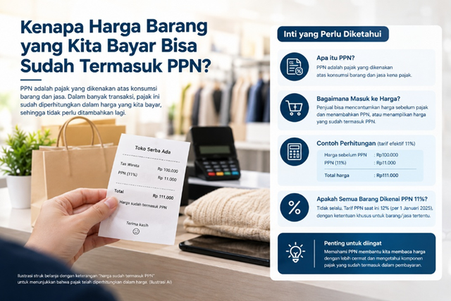 Ilustrasi struk belanja yang memperlihatkan rincian harga barang, PPN, dan total pembayaran saat pajak sudah termasuk dalam harga. (Ilustrasi AI)