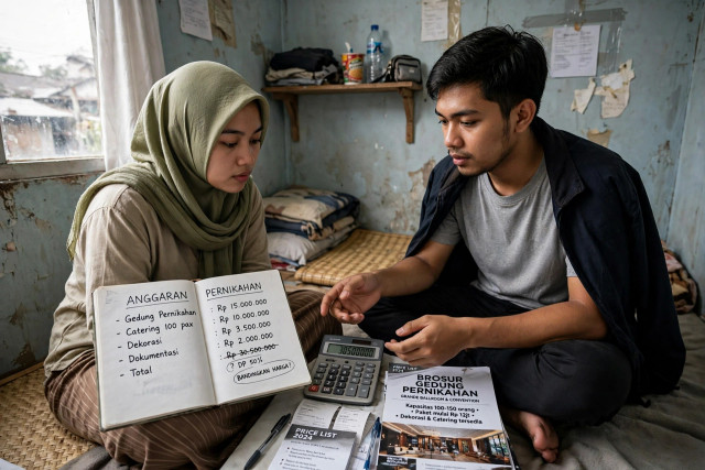 Gambar sepasang calon pengantin sedang menghitung anggaran pernikahan untuk gedung, catering, dekorasi, dan dokumentasi. Di lantai tergeletak brosur gedung dan kalkulator yang menunjukkan angka, menggambarkan dilema antara mewujudkan pesta impian satu hari dengan dengan menjaga kesehatan finansial jangka panjang. (Ilustrasi: Meta AI)