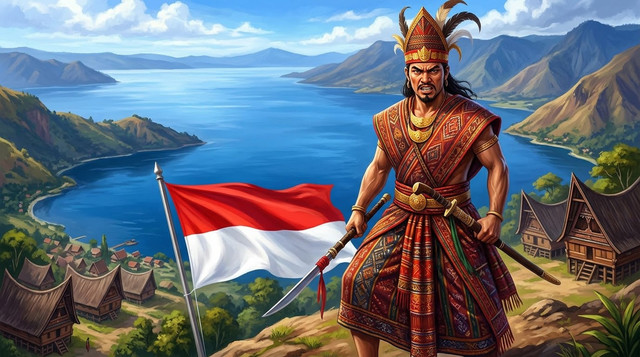Ilustrasi imajinatif Kapitan Pattimura dengan latar pedesaan Samosir, danau, dan gunung. Gambar dibuat dengan bantuan AI, sehingga wajah dan busananya bukan dokumentasi asli.