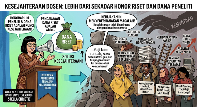 Ilustrasi dosen yang mengkritik pernyataan Wakil Menteri Pendidikan Tinggi, Sains, dan Teknologi, Stella Christie. Foto: Generate by AI