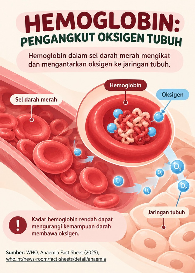 Gambar 1. Ilustrasi hemoglobin dalam sel darah merah yang mengikat dan mengantarkan oksigen ke jaringan tubuh. Ilistrasi edukasi orisinal berbantuan AI; informasi merujuk WHO (2025)