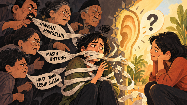 Ilustrasi tentang tekanan norma sosial dan pentingnya empati, mendengar tanpa menghakimi, serta berani mempertanyakan kebiasaan. Sumber gambar: ChatGPT