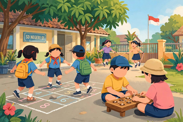 Ilustri anak bermain permainan tradisional engklek, congklak, dan lompat tali di halaman sekolah (Dok. Pribadi / Ilustrasi AI)