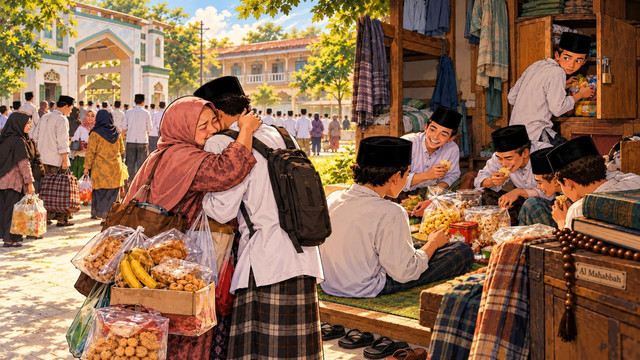 Gambar: Ilustrasi sambangan di pesantren dengan membawa jadah untuk dimakan bersama. Sumber: ChatGPT, 2026.