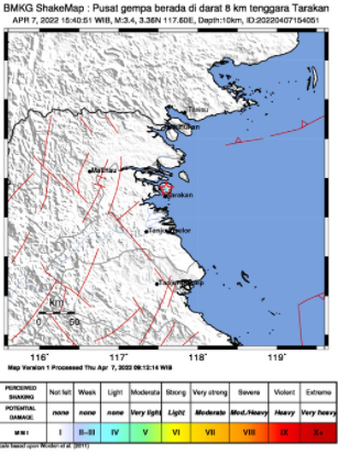 Peta BMKG gempa di Tarakan Kalimantan Utara (Kaltara). Dok BMKG.