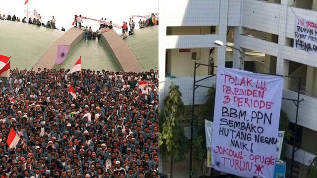 Belasan ribu mahasiswa menduduki gedung DPR RI pada aksi demostrasi tahun 1998 (kiri). Tuntutan mahasiswa pada aksi demo 11 April 2022 yang ditulis dalam baliho besar (kanan). Foto: kompilasi Twitter.com/@ocehan_of
