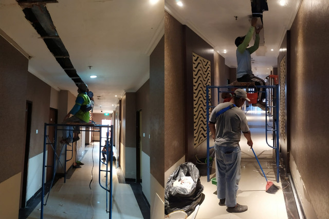 Perbaikan hotel Asrama Haji Sukolilo Surabaya sebelum dikembalikan ke Kemenag. Foto: Diskominfo Surabaya
