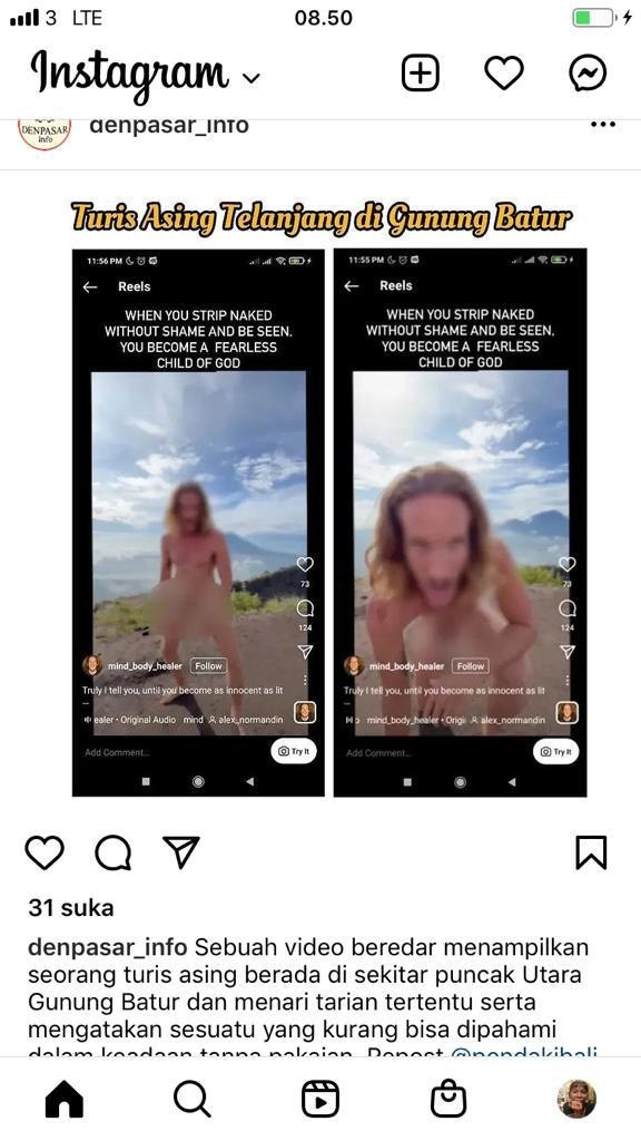 SS video WN Kanada, Jeffry, menari telanjang di Gunung Batur, Bali. Foto: Instagram