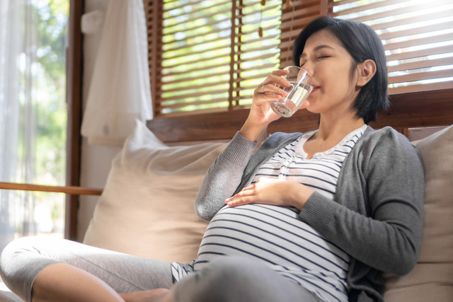 Ibu hamil meminum air mineral. Foto: Shutterstock