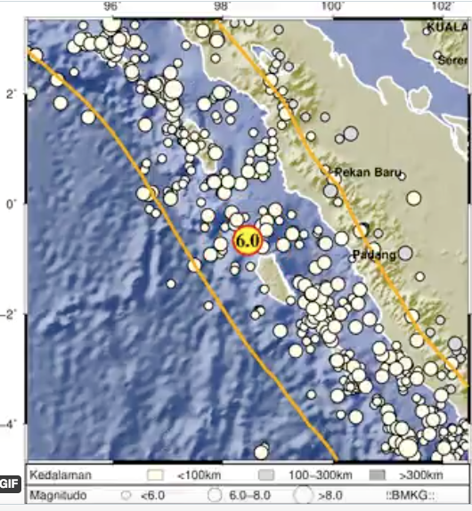 Gempa terjadi di Nias Selatan Sumut dan kota-kota di Sumbar termasuk Siberut, Mentawai, pada Senin 14 Maret 2022.  Gempa utama terjadi 6,7 M dan gempa susulan 6 M. Foto: BMKG