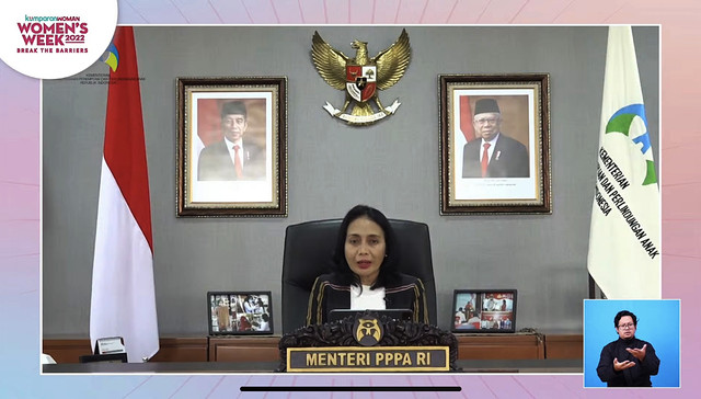 Keynote speech dari Menteri PPPA RI Bintang Puspayoga di puncak acara Womens Week 2022, Kamis (31/03/2022). Foto: Youtube/kumparan