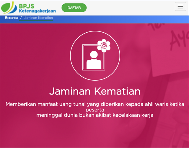 Tampilan menu Program Jaminan Kematian BPJS Ketenagakerjaan. Foto: BPJS Ketenagakerjaan