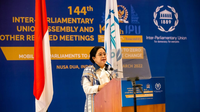Ketua DPR RI Puan Maharani, dalam Sidang IPU ke-144 di Bali, Minggu (20/3).  Foto: DPR RI