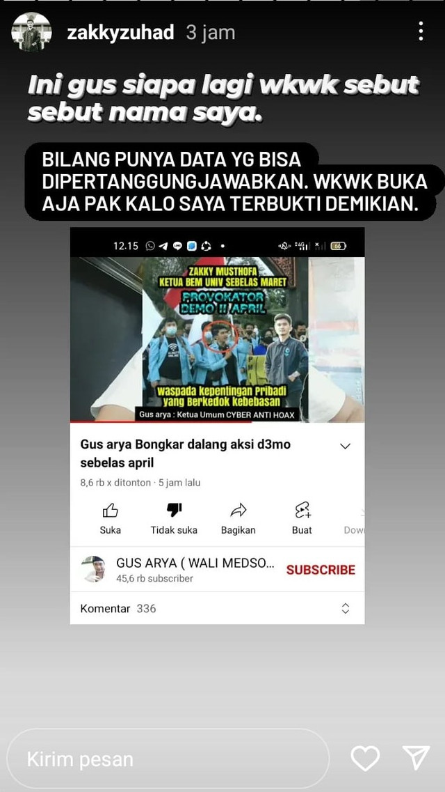 Story yang diunggah mantan Presiden BEM UNS, Zakky Musthofa. FOTO: Tangkap layar Instagram @zakkyzuhad