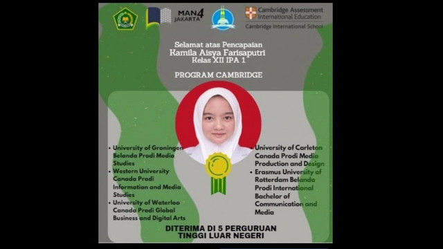 Kamila, Siswi MAN 4 Jakarta yang diterima di 6 perguruan tinggi di luar negeri. Foto: dok. Kemenag.go.id